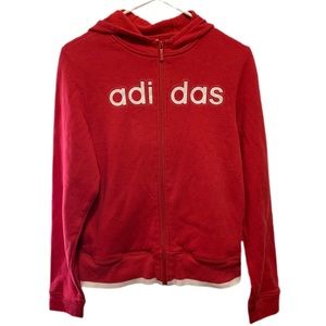 Women’s XL Adidas Red Full Zip Up Fleece Lined Hoodie. Embroidered Silver Logo